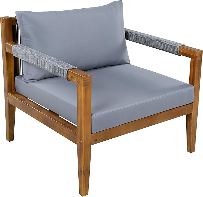 VilroCaz 3-Piece Patio Conversation Set, All Weather Sectional Sofa Set with Acacia Wood Frame and Woven Rope Accents, Outdoor Furniture Set with Cushions for Backyard Deck Poolside (Grey+Rope v)