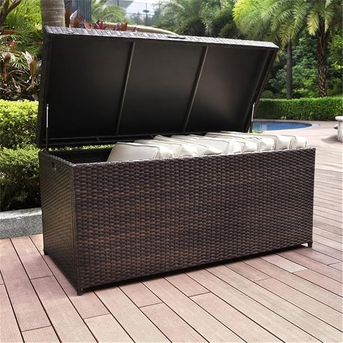 Pemberly Row Outdoor Storage Bin, 52 in x 25 in x 24.5 in, PE Wicker/Rattan and Steel, Brown Finish, UV-Resistant, Pneumatic Hinges, All-Weather Design, Ideal for Cushions and Garden Essentials