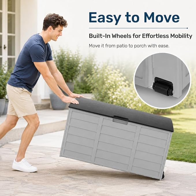 75 Gallon Resin Deck Box, Waterproof Outdoor Storage Box with Wheels, Lockable Lid and Handles, Large Deck Storage for Outdoor Gear, Patio Furniture Cushion, Gardening Tools, Black