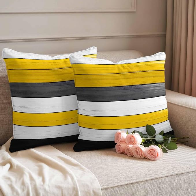 Yellow Black Outdoor Pillow Covers 20"x20" Set of 2, Striped Gradient Wood Grain Modern Art Waterproof Throw Pillow Covers for Patio Furniture, Decorative Cushion Covers for Porch