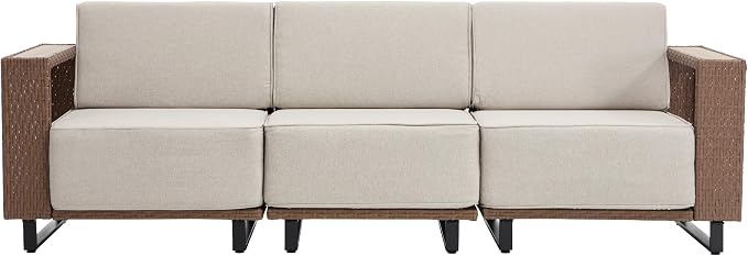 Bonzy Home Patio 3 Seater Couch, Wicker Rattan Outdoor Sectional Sofa with Widened Armrest and Extra-Thick Soft Cushions, Patio Conversation Sets for Porch, Garden Poolside Balcony