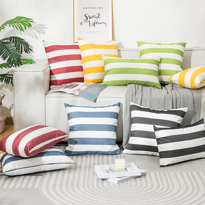 Lewondr 2 Pack Outdoor Throw Pillow Covers, 18"x18", Red + White | Square Stripe, Waterproof, For Outdoor Patio Porch Farmhouse Garden Balcony Couch, 45x45cm