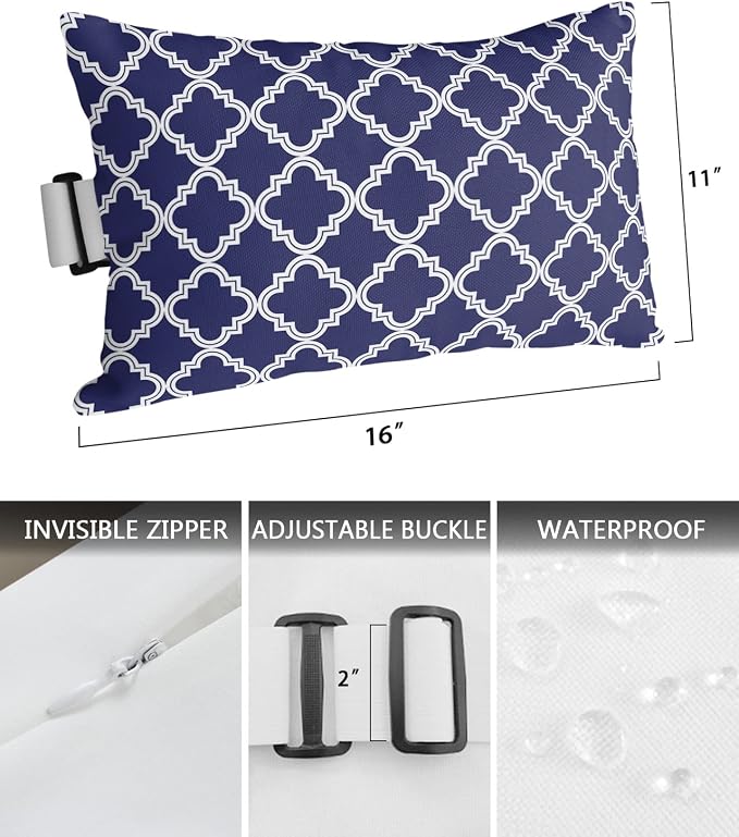 Outdoor Pillows Covers with Inserts Navy Blue Moroccan Pattern Geometric Waterproof Recliner Pillow with Adjustable Strap Throw Pillows for Patio Furniture Pool Lounge Chair, 11x16 inch, 1PCS