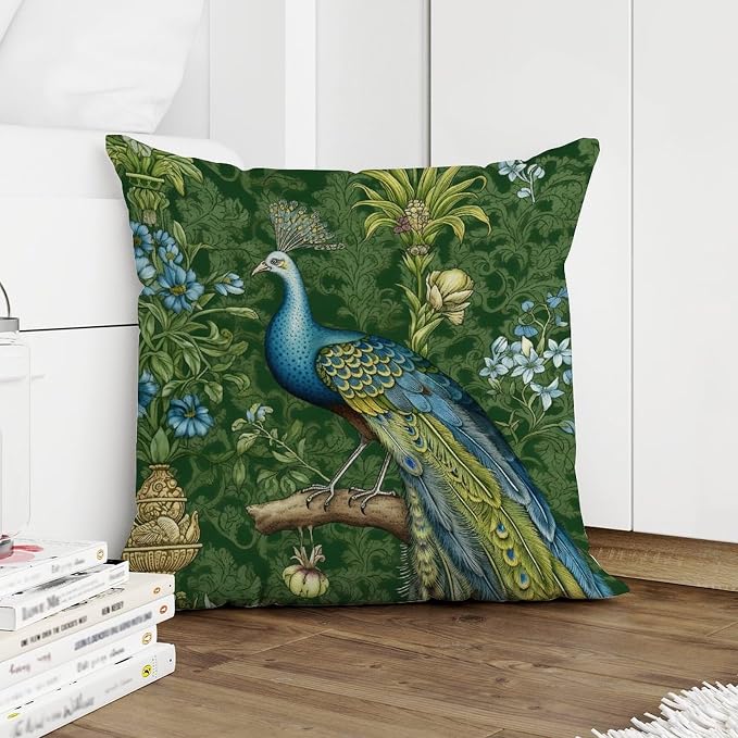 Cushion Cases Aqua and Green Chinoiserie Pillow Covers Rustic Green Peacock Animal Asian Pillow Cover Accent Outdoor Garden Decoration for Bedroom Sofa Bench Porch 24x24 in