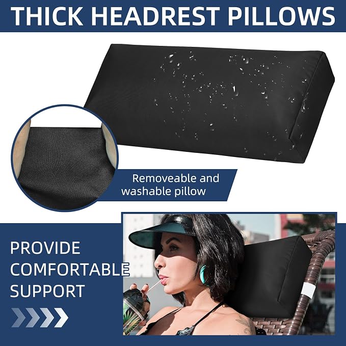 Headrest Pillow for Pool Chaise Lounge, Pool Lounge Pillows Outdoor with Elastic Band for Recliner and Pool Patio Chairs, Head Neck Support Pillow (Black, 22x8.6x3.9)
