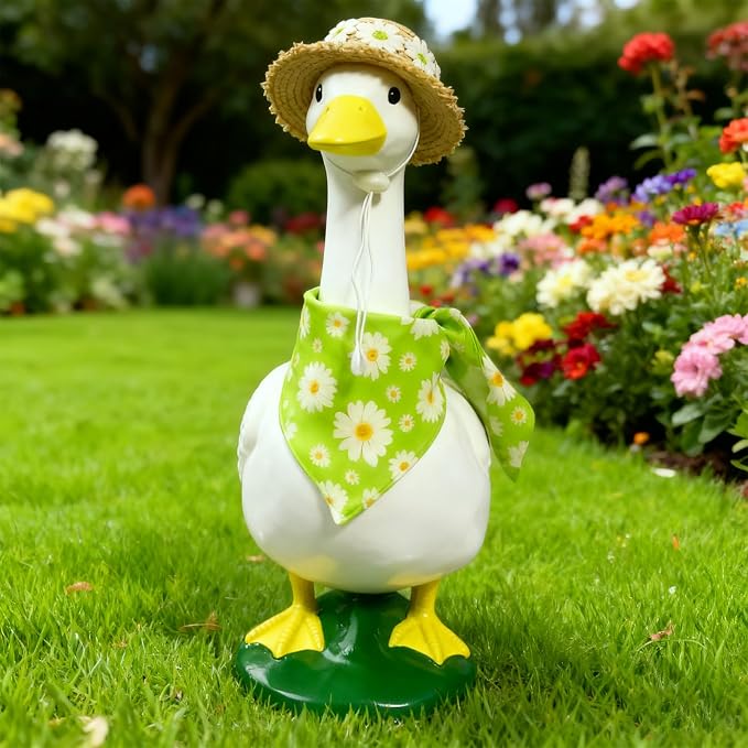 Summer Porch Goose Outfit for 23" 17" Lawn Porch Goose Statue Costume Cute Daisy Bandana and Hat for Garden Patio Statue Art Decor Country Pastoral Style Green