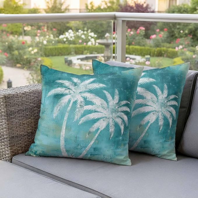 Coastal Beach Tree Teal Outdoor Waterproof Pillow Covers, Tropical Botanical Decorative Square Throw Pillowcase, Palm Tree Vintage Sofa Cushion Sham for Patio/Couch/Chair, 16"x16" 2 Pack