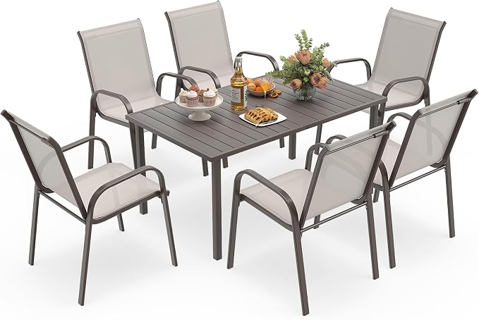HAPPATIO Outdoor Patio Dining Set, 6 Quick Dry Textilene Dining Chairs and Dining Table with Umbrella Hole, Stackable Textilene Chairs for Garden, Patio and Poolside Backyard, Grey