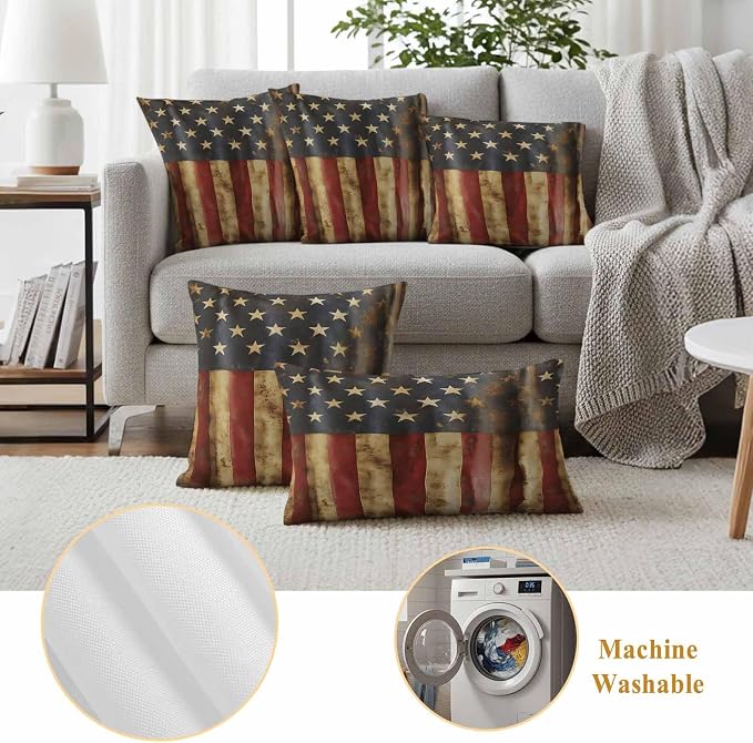 Vintage American Flag Outdoor Pillow Covers Set of 2 USA Patriot Waterproof Throw Pillow Cover Decorative Cushion Cases for Patio Porch Garden 20X12 Inch