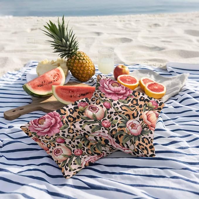 Vandarllin Outdoor Throw Pillows Covers 24x24 inch Set of 2 Waterproof Leopard Print Decorative Zippered Cushion Covers for Patio Furniture, Pink Floral Retro Animal Skin Lumbar Pillowcases