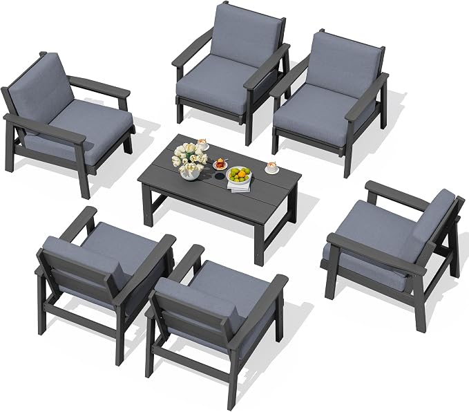 SERWALL HDPE Outdoor Furniture Set, 7 Piece All Weather Wood-Like Outdoor Sofa Sectional Couch, Grey Patio Furniture Set with Grey Cushions