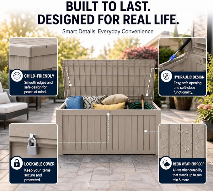 LAUSAINT HOME 260 Gallon Resin Deck Box, Outdoor Toy Storage Box, Package Delivery Box with Lockable Lid, Waterproof Outdoor Storage Box For Garden Tools, Patio Cushions(260 Gallon,Grey)