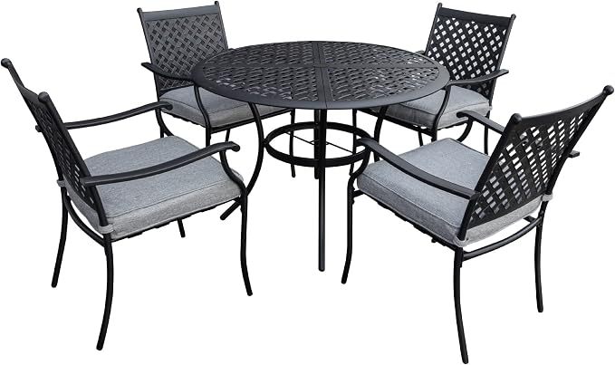 Garden Elements 5-Piece Outdoor Patio Dining Set – 42" Round Table with Umbrella Hole & 4 Armrest Chairs with Cushions – Weather-Resistant Steel, Black/Gray