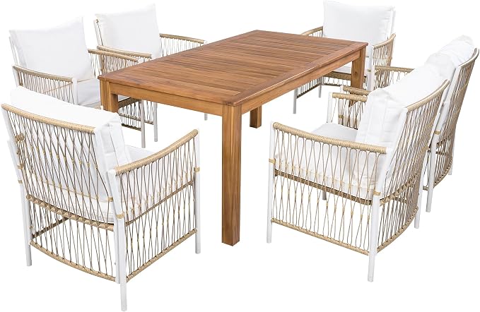 7-Piece Outdoor Patio Dining Set, All-Weather Acacia Wood 67''L Rectangular Dining Table with 6 Rattan Arm Chairs for Backyard, Garden, Poolside (Natural+R3)