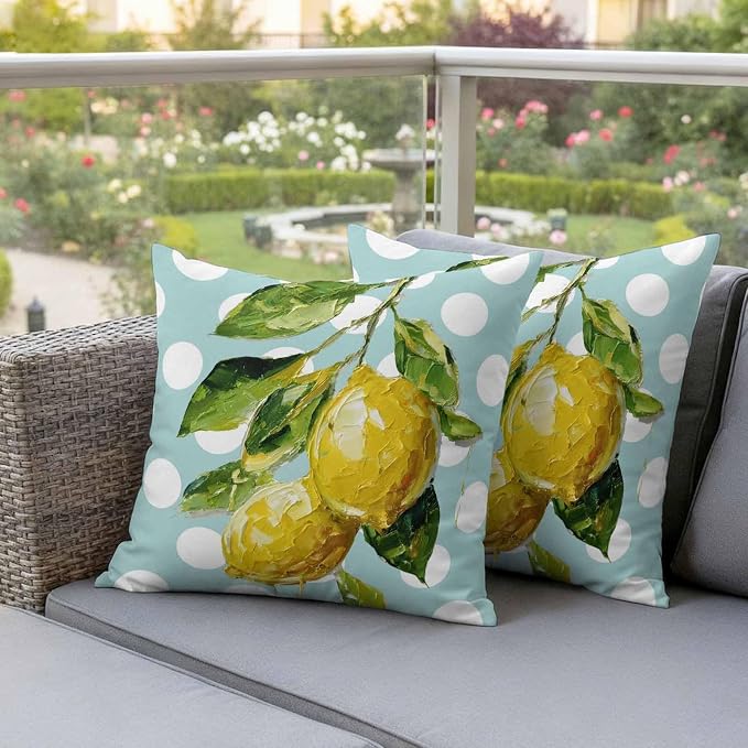 Waterproof Pillow Covers Set of 2,Summer Lemon Leaf Country Fruit Outdoor Pillow Protectors with Zipper Pillowcases for Patio Tent Garden Beach 18x18 Inches Polka Dot Light Blue