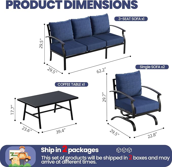 Kullavik Patio Furniture Set,4 Piece Metal Outdoor Patio Furniture Set,All Weather Modern Patio Conversation Sets w/3 Seater Sofa,2 Single Sofas and Coffee Table for Balcony Deck,NavyBlue