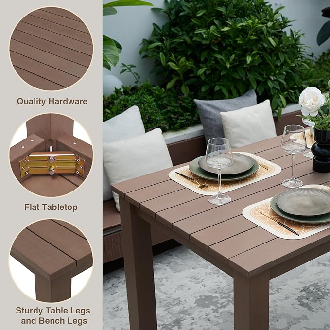 Patio Table and Chairs Set,Outdoor Dining Set,Outdoor Dining Table with Benches for 4-6 Persons,Never Rot and Fade, Suit for Garden, Porch and Park