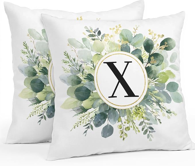 Letter X Waterproof Outdoor Pillow Covers Set of 2 Home Decor, Alphabet Green Eucalyptus Leaves Pillowcase Patio Pillow Covers for Couch Bench Patio Furniture Garden 16x16in