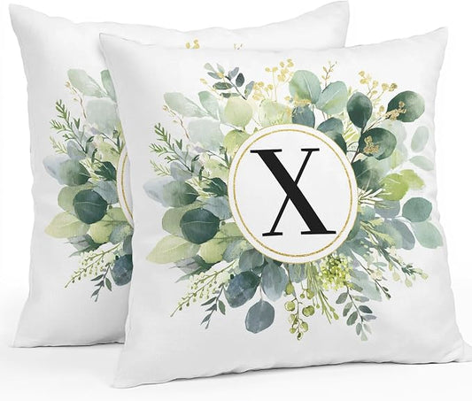 Letter X Waterproof Outdoor Pillow Covers Set of 2 Home Decor, Alphabet Green Eucalyptus Leaves Pillowcase Patio Pillow Covers for Couch Bench Patio Furniture Garden 24x24in