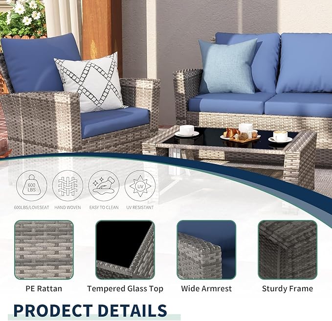UDPATIO Patio Furniture Set, Outdoor Furniture Sets with Loveseats Sofa, Wicker Rattan Outdoor Conversation Set with Storage CoffeeTable for Backyard, Deck, Porch, Grey/Navy