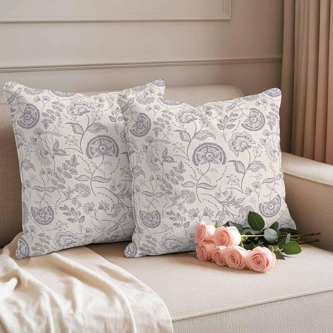 Outdoor Pillow Covers 18x18 Set of 2, Vintage Spring Floral Waterproof Patio Throw Pillow Covers for Couch Sofa Chair, Farmhouse Summer Botanical Decorative Pillowcases for Throw Pillows
