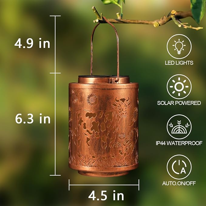 Solar Lanterns Metal Hanging Garden Decor Birthday Gifts for Women (Cow) | Solar Lights Waterproof Outdoor Decoration for Outside LED Lanterns for Yard Patio Lawn Gifts for Mon Grandma