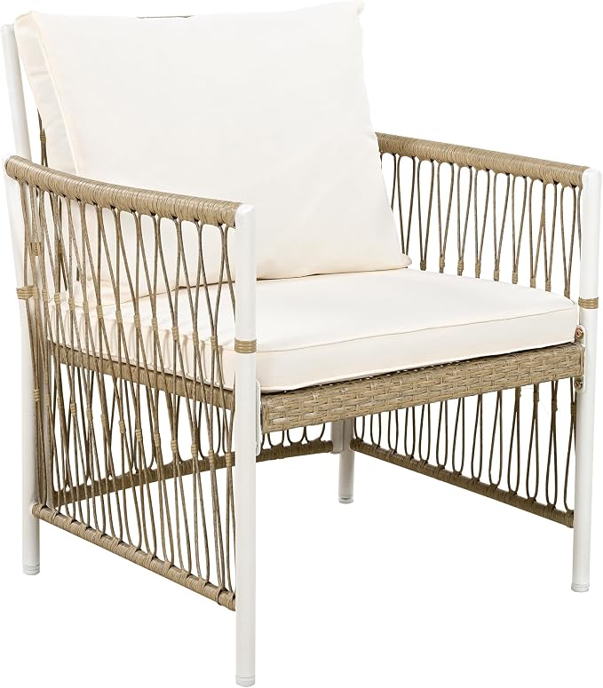 Merax 7 Piece Patio Dining Set, Outdoor Acacia Wood Rectangular Dinning Table with Sturdy Legs and 6 Rattan Arm Chairs w/Cousions & Pillows for Backyard,Balcony, Garden, Poolside, Natural