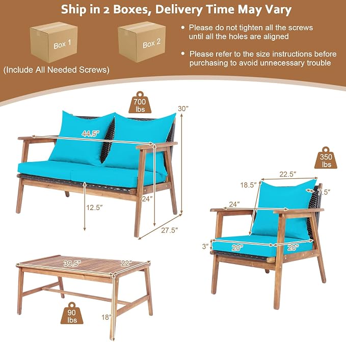 Tangkula 8-Piece Patio Furniture Set, Outdoor Acacia Wood Conversation Set with Cushions and Coffee Table, Outdoor PE Wicker Sectional Sofa Set for Garden, Poolside and Backyard (2, Turquoise)