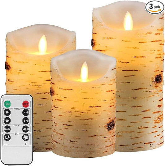 AKU TONPA Birch Bark Effect Flameless Candles Battery Operated Pillar Real Wax Flickering Electric LED Candle Sets with Remote Control Cycling 24 Hours Timer, 4" 5" 6" Pack of 3