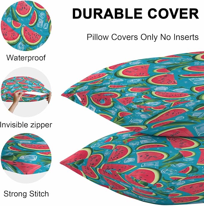 Vandarllin Outdoor Throw Pillows Covers 20x12 inch Set of 2 Waterproof Watermelon Decorative Zippered Cushion Covers for Patio Furniture, Summer Fruit Ice Cubes Lumbar Pillowcases