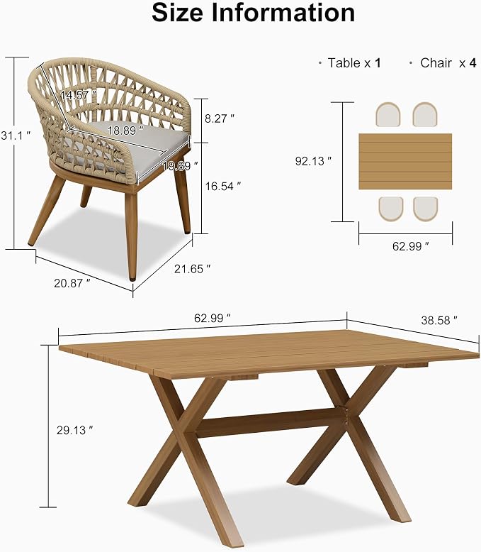 PURPLE LEAF 5 Pieces Outdoor Dining Set All-Weather PE Rattan Patio Furniture Set with All Aluminum Frame Rectangular Table and Chairs Set for Lawn Garden Backyard Deck, Teak
