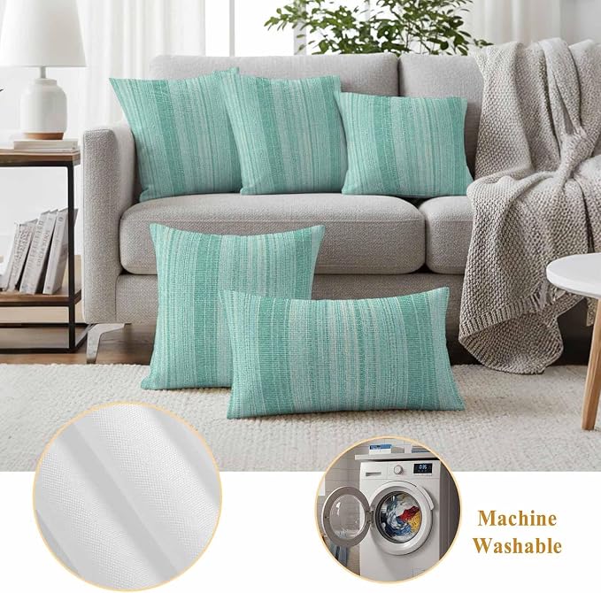 Abstract Teal Outdoor Pillow Covers 16"x16" Set of 2, Rustic Farmhouse Minimalist Teal Vertical Striped Lines Waterproof Throw Pillow Covers for Patio Furniture, Decorative Cushion Covers for Porch