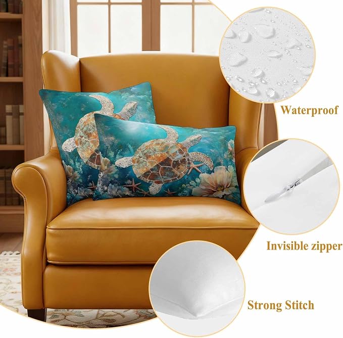 Ocean Turtle Outdoor Waterproof Throw Pillow Covers Set of 2, 16"x16", Marine Life Retro Starfish Coral Abstract Decorative Pillow Covers Outside Cushion Case for Patio Porch Garden