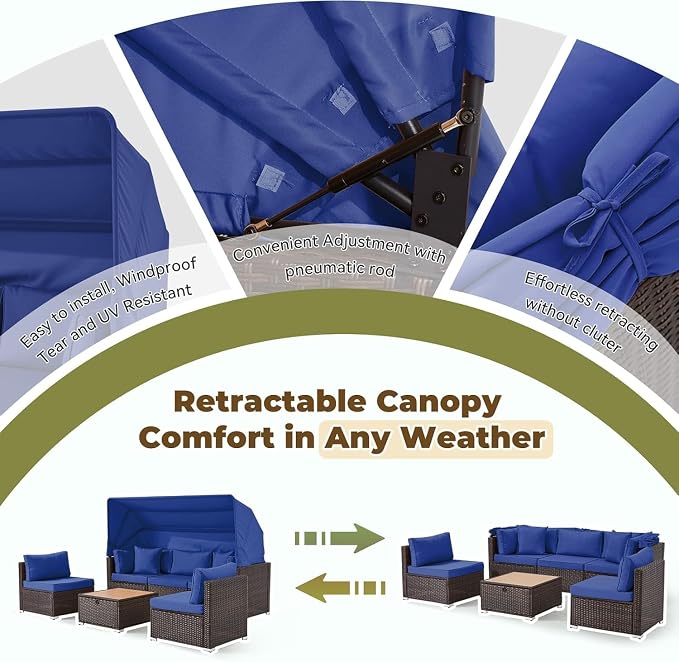 6-Piece Outdoor Sectional Sofa Set with Retractable Canopy and Adjustable Backrest, Patio Conversation Set Rattan Garden Lounge Furniture for Backyard, Deck, Porch, or Balcony Seating(Blue)