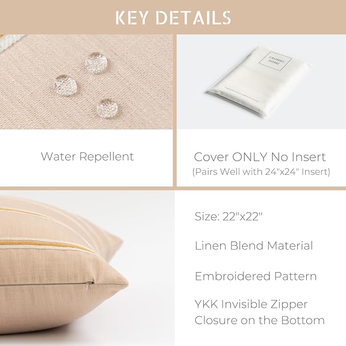 Modern Farmhouse Fall Linen Indoor Outdoor Throw Pillow Cover Only, 22"x22" Water Repellent for Patio, Backyard, Couch, Ivory Cream Mustard Yellow Embroidered Stripes