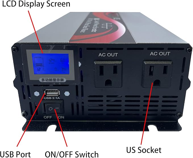 2500W Pure Sine Wave Car Power Inverter 12V DC to 110V 120V AC 60HZ with USB Port LCD Display