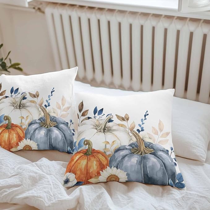 Fall Outdoor Throw Pillows Covers 16x16 inch Set of 2 Waterproof Blue White Pumpkin Zippered Cushion Covers for Patio Furniture, Autumn Eucalyptus Leaves Flower Thanksgiving Lumbar Pillowcases