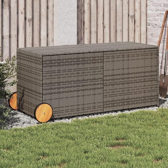 Large 74.8 Gal Outdoor Storage Box with Wheels, Gray PE Rattan Patio Furniture for Cushions Blankets, Waterproof Garden Deck Box with Gas Spring Lid & Steel Frame, Easy Assembly