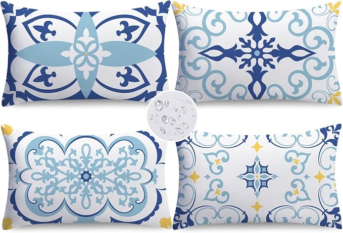 NIGHTWISH Outdoor Waterproof Pillow Covers 12x20 Set of 4 Blue Boho Decorative Outdoor Throw Pillows Floral Cushion Cases for Patio Furniture Bench Couch Sunbrella