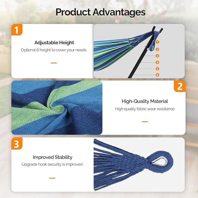ONCLOUD 550 LBS Capacity Double Hammock with Stand Included with Portable Carrying Bag, Heavy Duty 2-Person Hammock for Outdoors & Indoors - Desert Stripe, Series TDCTZ1 - Blue Green Stripe