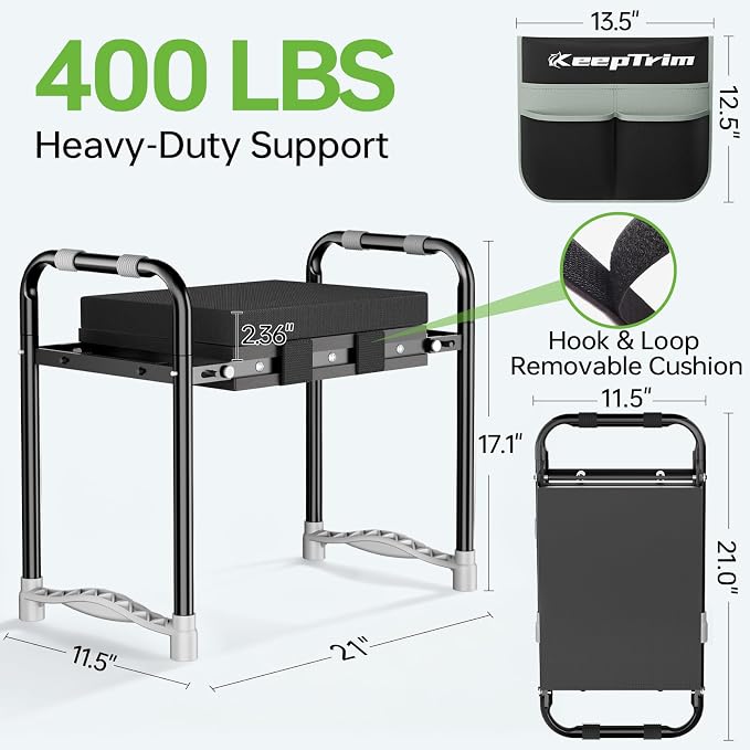 Garden Kneeler and Seat, Foldable Ergonomic Kneeling Bench with Tool Pouch 400 Lbs (Black)