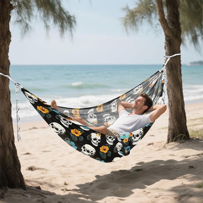 Camping Hammock Outdoor Hammocks for Outside Skull Hibiscus Flower Beach Trees Portable Lightweight with Pockets Tree Straps Indoor