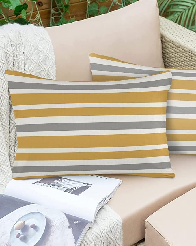 Outdoor Waterproof Pillow Covers for Patio Furniture Orange, Grey and White Stripes Decorative Throw Pillow Cover Farmhouse Stripe Pillowcases Set of 2 Cushion Case for Sofa Couch Chair 20 x 12 In