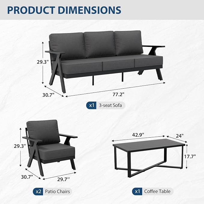COOS BAY Iron Luxe 4 Piece Outdoor Patio Furniture Set, Modern Patio Conversation Set with 2 Patio Chairs, a 3 Seat Couch & Coffee Table for Deck, Garden, Porch, Black/Gray
