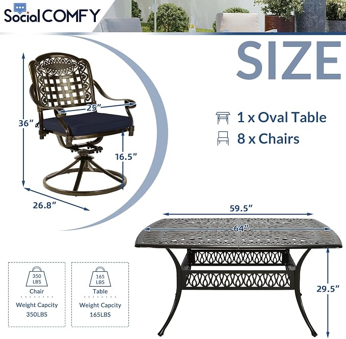 SOCIALCOMF 9-Piece Patio Cast Aluminum Dining Set, Outdoor Table and Chairs Set for 8, Includes 64" Large Square Dining Table and 8 Swivel Rocker Chairs with Umbrella Hole for Lawn Garden, Navy Blue