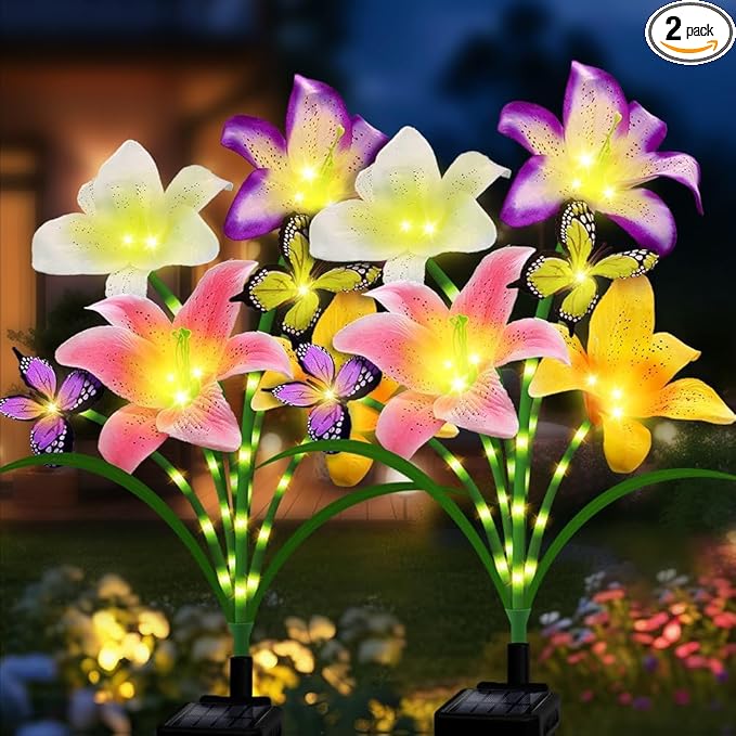 Solar Lights Outdoor, Gift for Women Mom Grandma, 2 Pack with 8 Solar Lily Flower Lights and Butterfly Decor, Solar Flower Lights Waterproof, Outside Decor Stake Light for Landscape Yard Patio Lawn