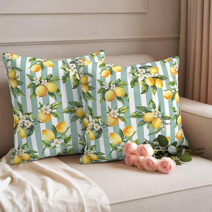 Yellow Lemon Waterproof Outdoor Pillow Covers Set of 2 Home Decor, Spring Botanical Floral Leaves Aqua Stripes Pillowcase Patio Pillow Covers for Couch Bench Furniture Garden 24x24in