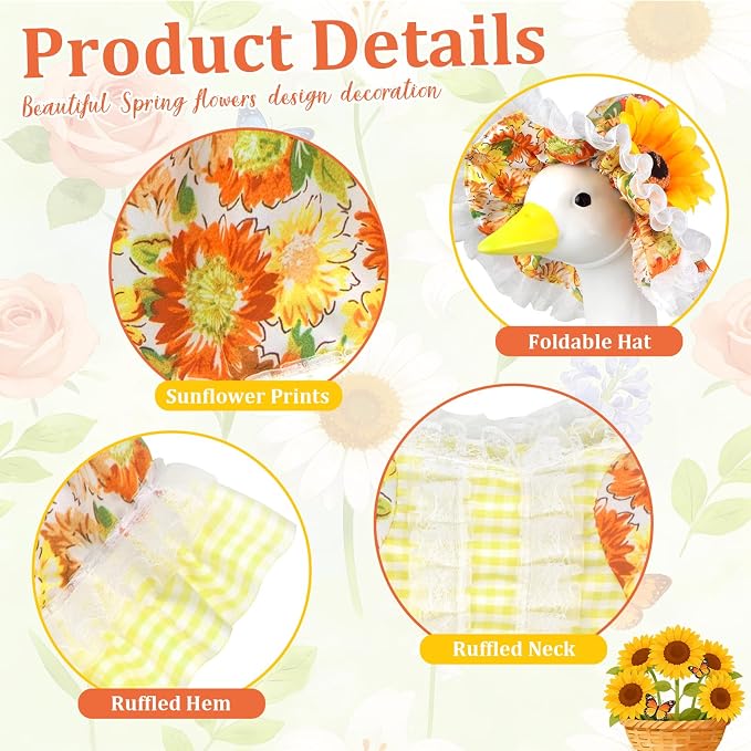 Spring Porch Goose Outfit, Sunflower Goose Outfits Fits 17-23 In Statue | Summer Goose Clothes with Hat for Outdoor Yard Lawn Patio Plastic Cement Decor