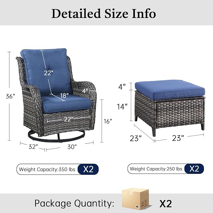 Outdoor Swivel Chairs-Patio Swivel Glider Chairs with Ottomans Outdoor Conversation Set for Deck Balcony Poolside Backyard-Grey/Blue