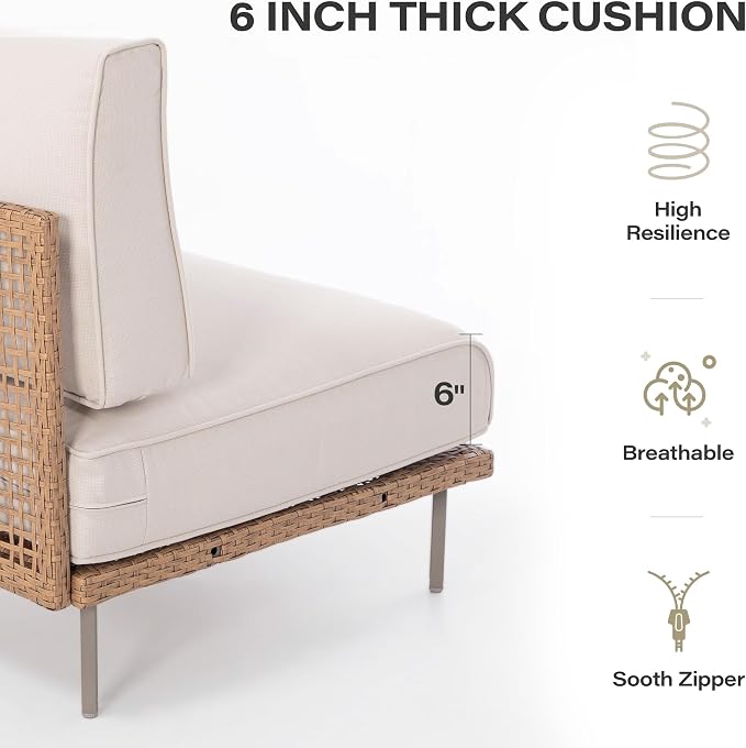 LAUSAINT HOME 5-Piece Outdoor Patio Furniture Set, Wicker Outdoor Conversation Set PE Rattan Sectional Sofa with Washable Cushions and Tempered Glass Table for Garden (Beige)